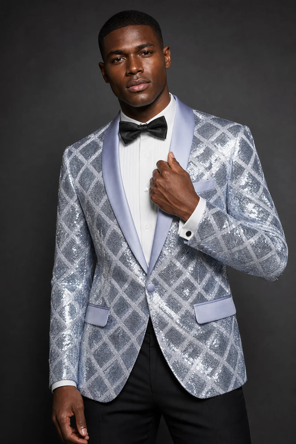 Men's Shimmering Argyle Pattern Silver Tuxedo Jacket