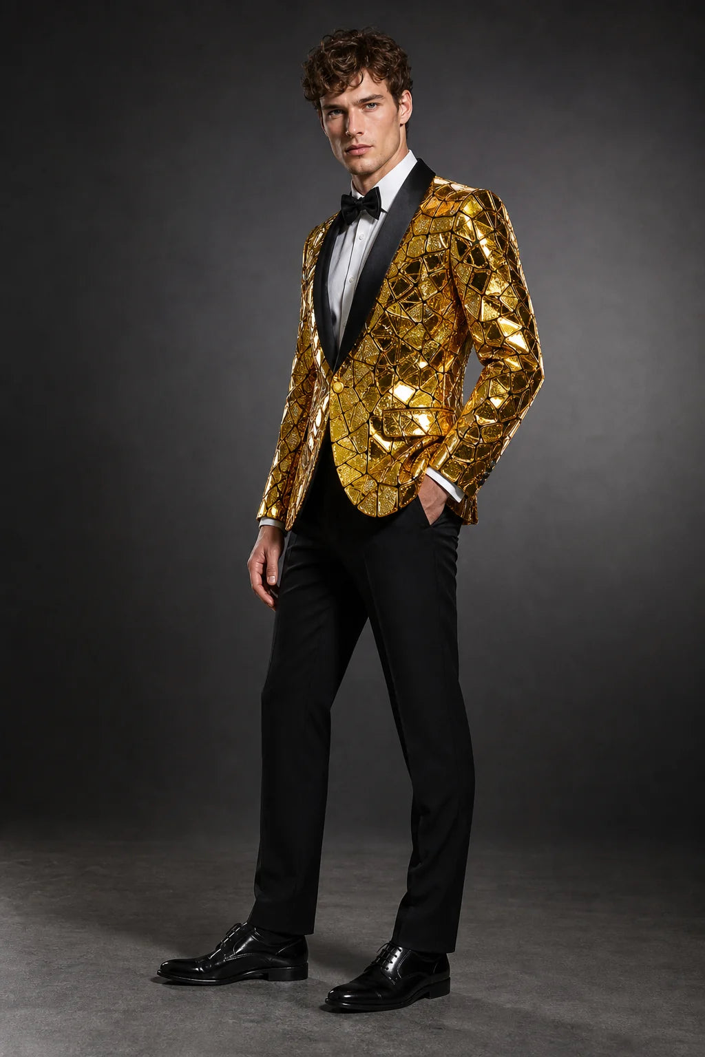 Men's Unique Mirrored Geometric Patchwork Golden Prom Suit