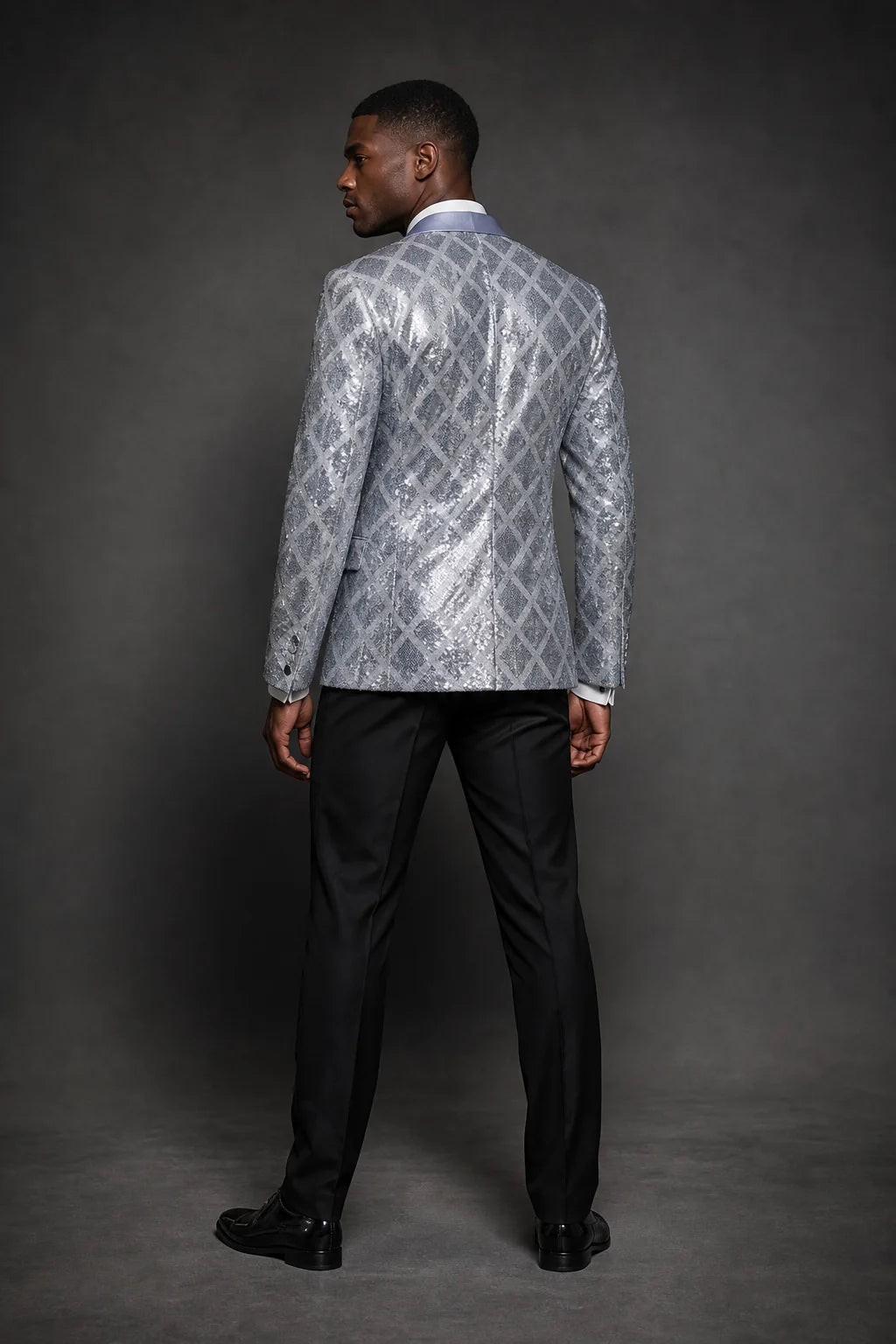 Men's Shimmering Argyle Pattern Silver Tuxedo Jacket