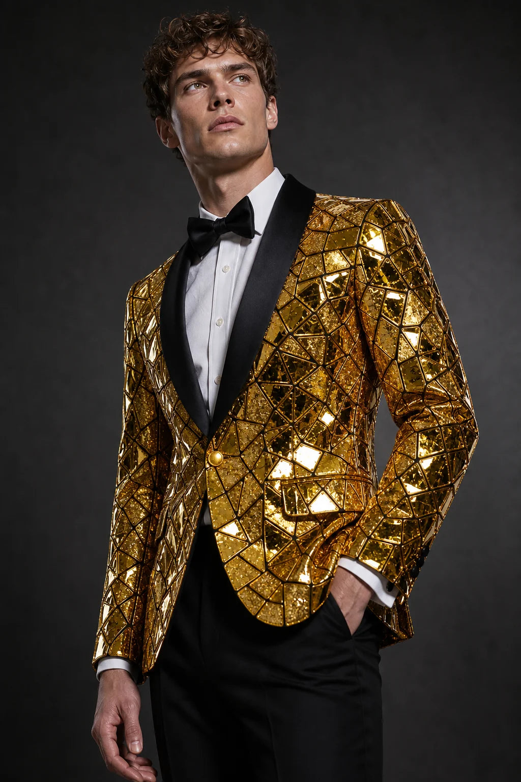 Men's Unique Mirrored Geometric Patchwork Golden Prom Suit
