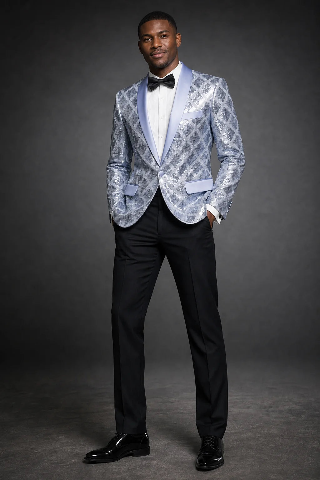 Men's Shimmering Argyle Pattern Silver Tuxedo Jacket