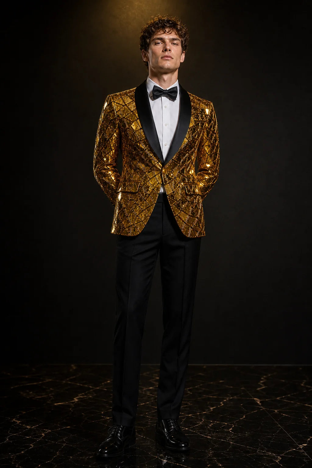 Men's Unique Mirrored Geometric Patchwork Golden Prom Suit