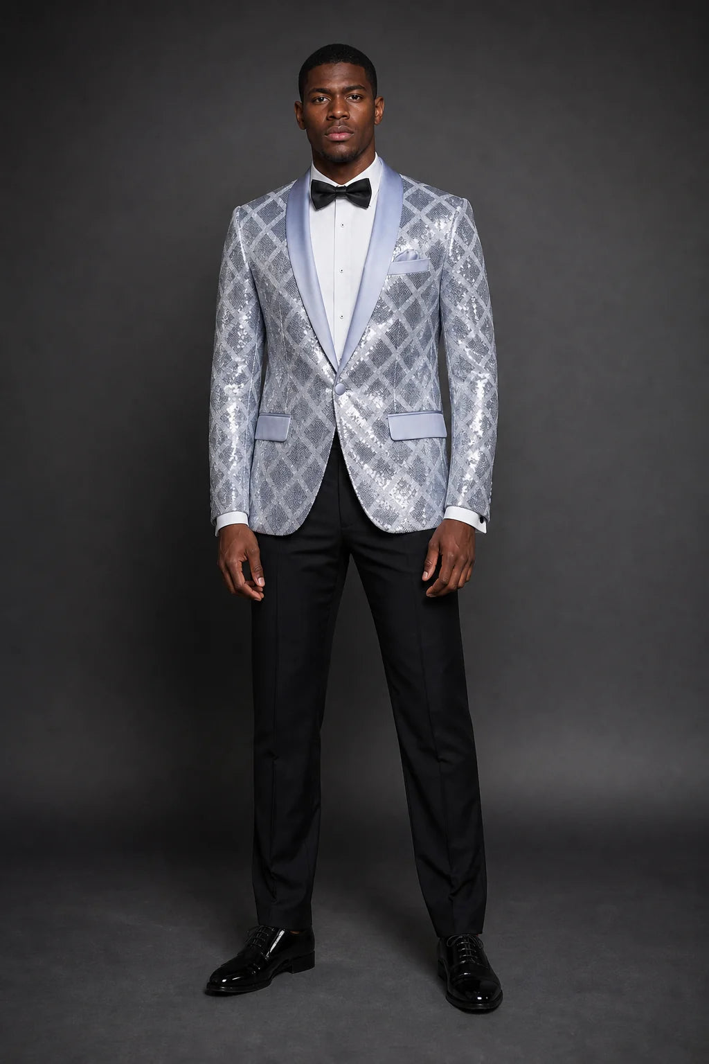 Men's Shimmering Argyle Pattern Silver Tuxedo Jacket