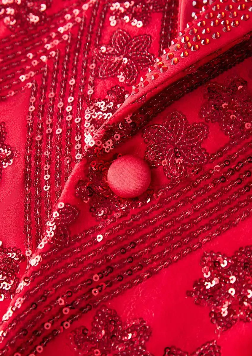 starry red sequin tuxedo