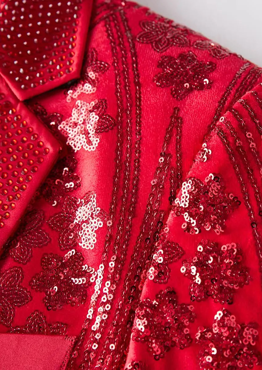 starry red sequin tuxedo