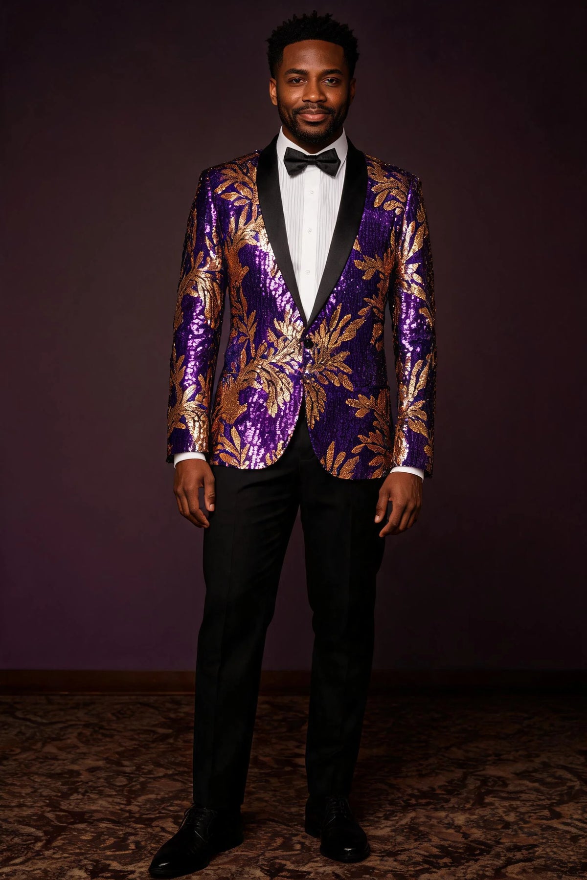 Men's Full Sequin Purple Tuxedo with Gold Olive Leaf Patterns