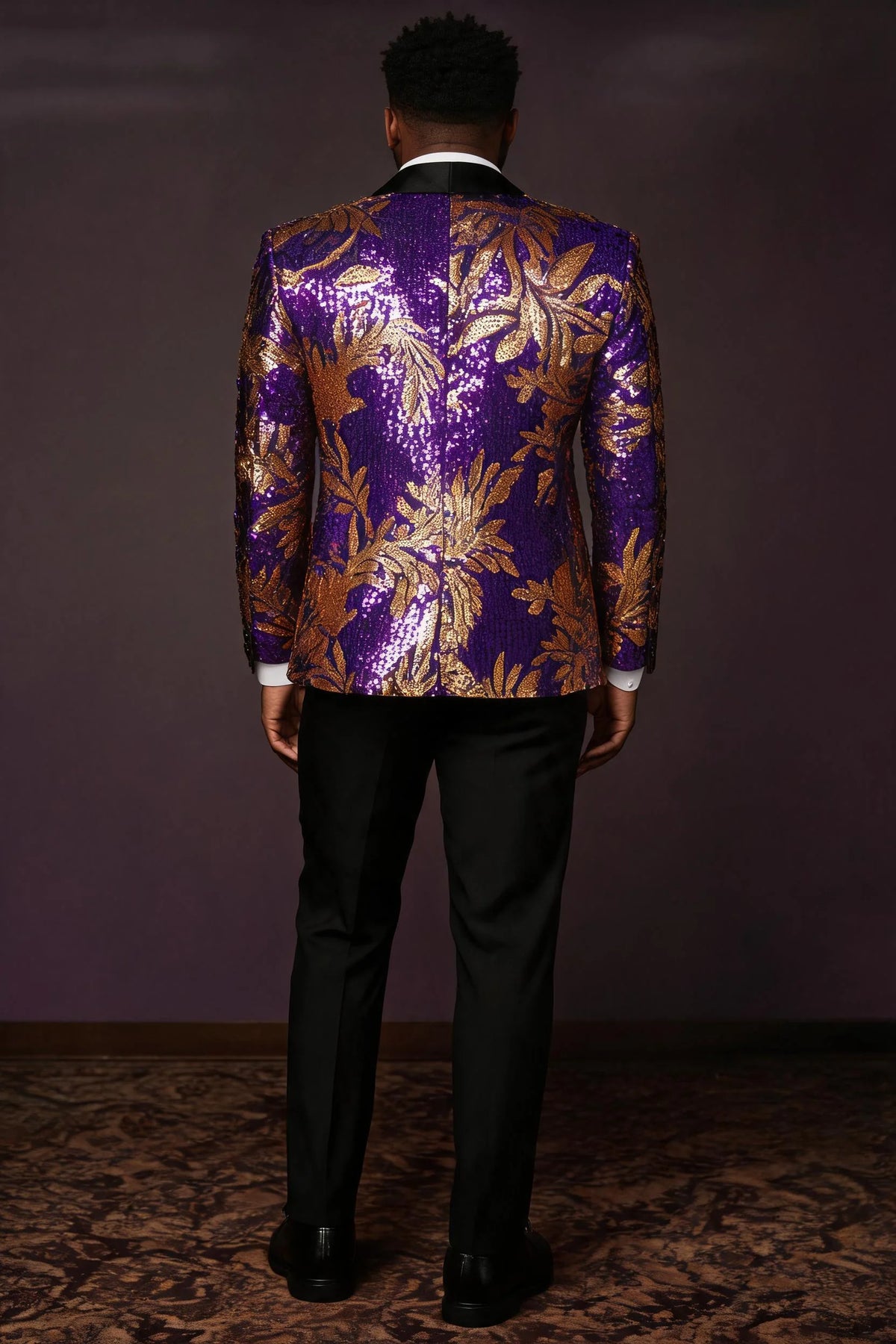 Men's Full Sequin Purple Tuxedo with Gold Olive Leaf Patterns