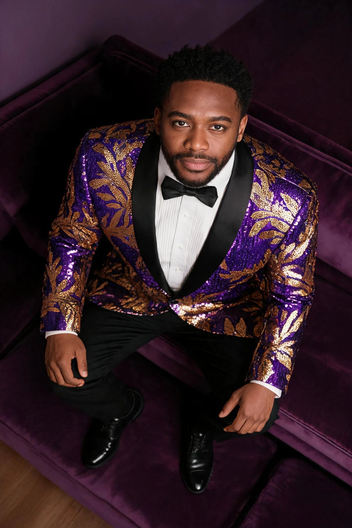 Men's Full Sequin Purple Tuxedo with Gold Olive Leaf Patterns