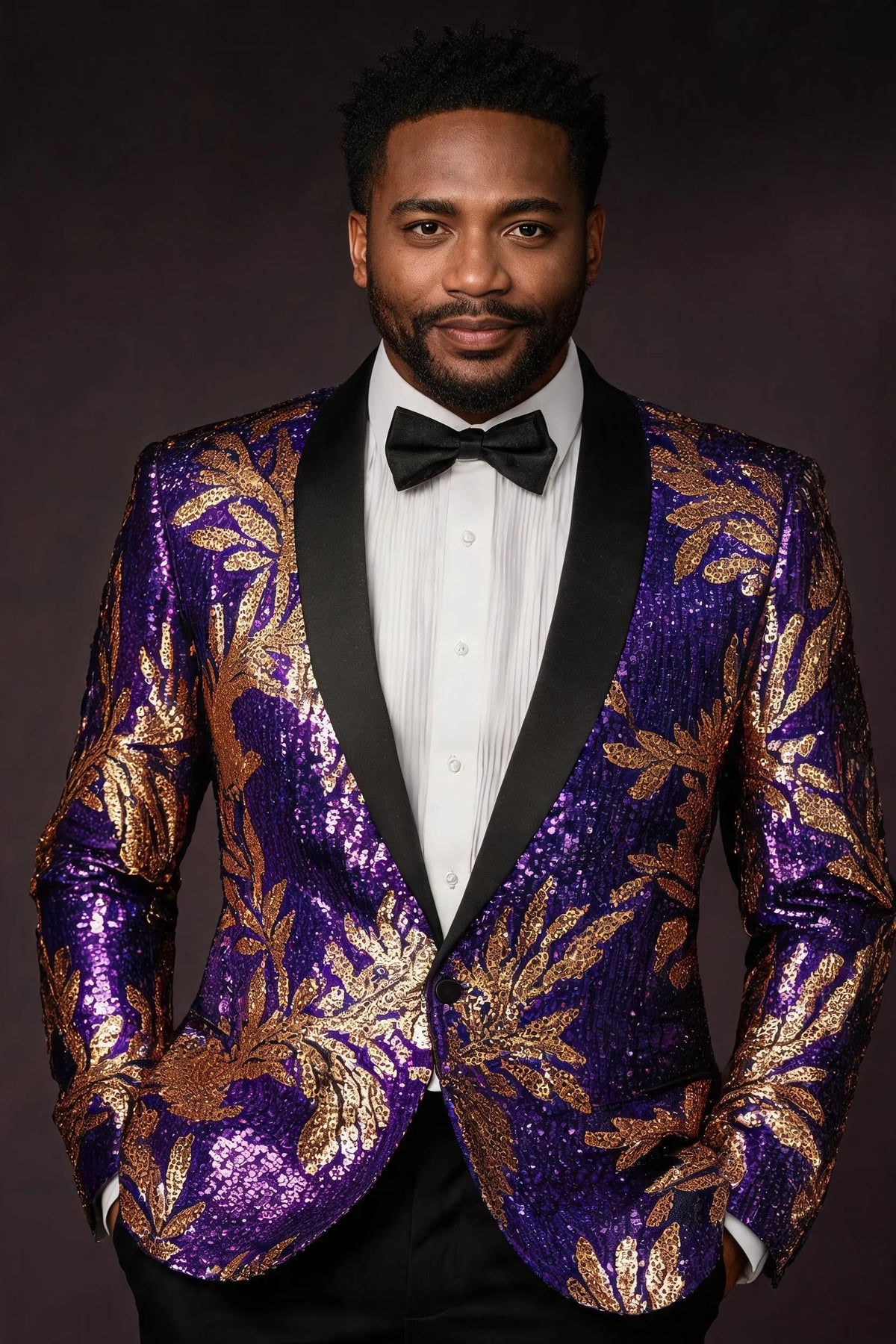 Men's Full Sequin Purple Tuxedo with Gold Olive Leaf Patterns