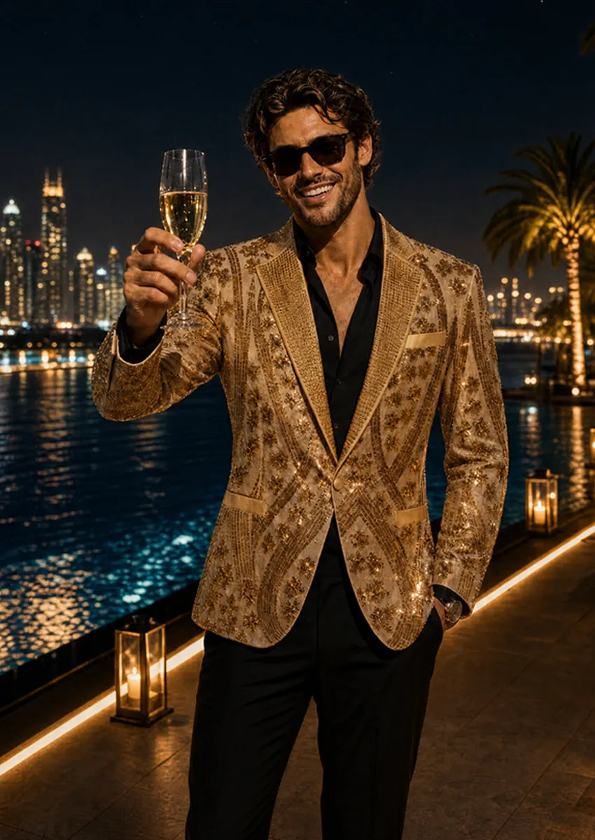 Men's  Sequin Six-pointed Star Golden Luxury Tuxedo