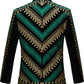 Men's Embroidered Green and Gold Geometric Pattern Tuxedo Jacket