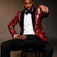 Men's Fashion Floral Velvet Sequin Jacket Red Tuxedo