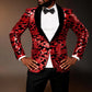 Men's Fashion Floral Velvet Sequin Jacket Red Tuxedo