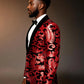 Men's Fashion Floral Velvet Sequin Jacket Red Tuxedo