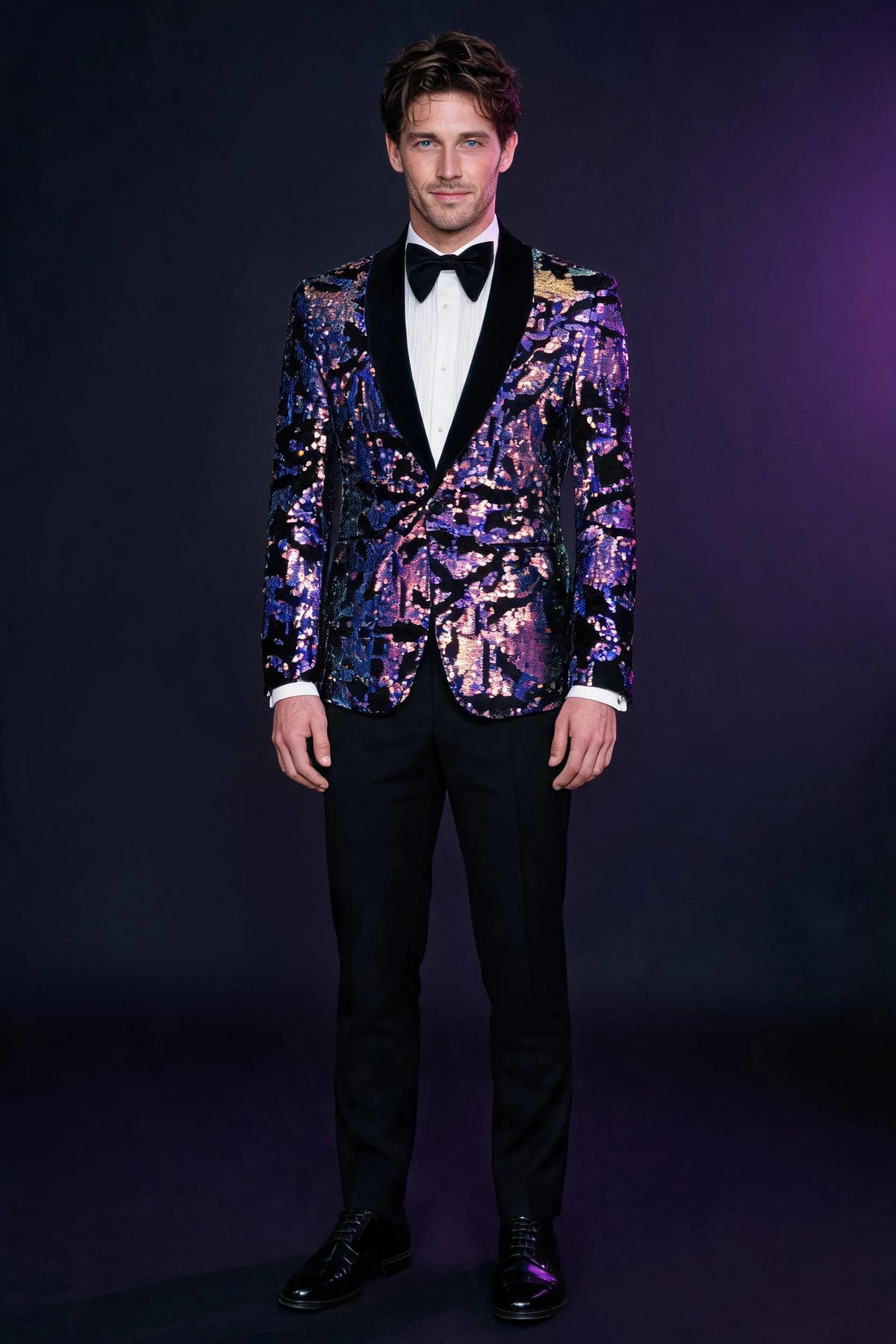 Men's Reversible Gradient Full Sequin Velvet Purple Tuxedo for Prom