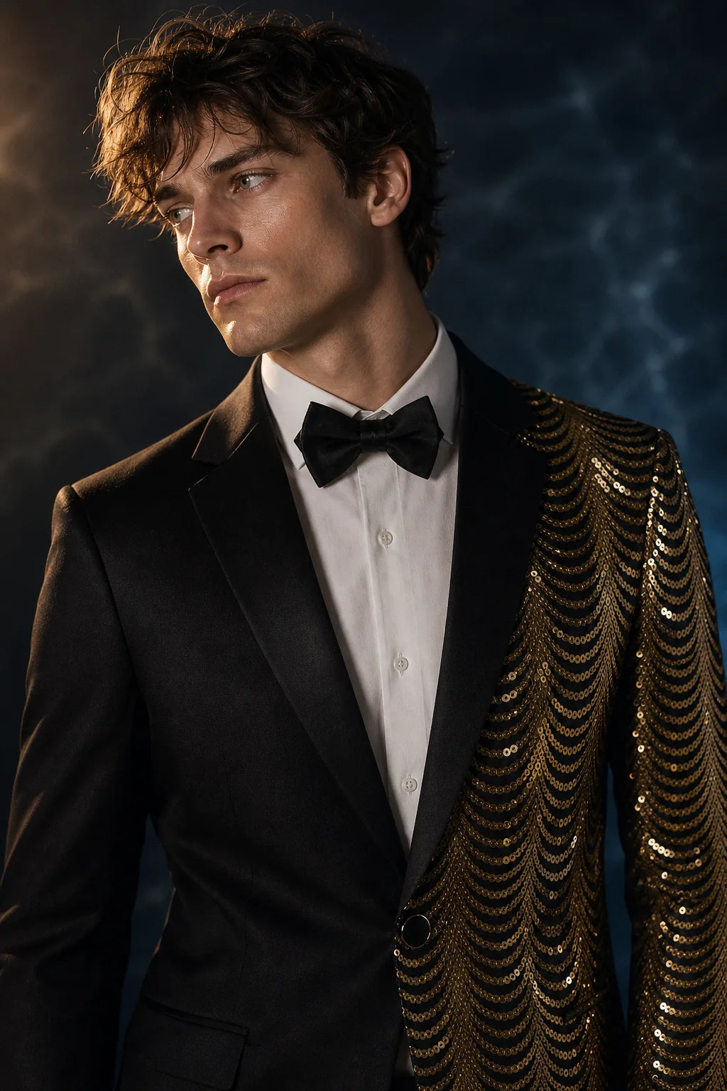 Men's 2-Piece Gold Sequin Water Ripples Black Suit
