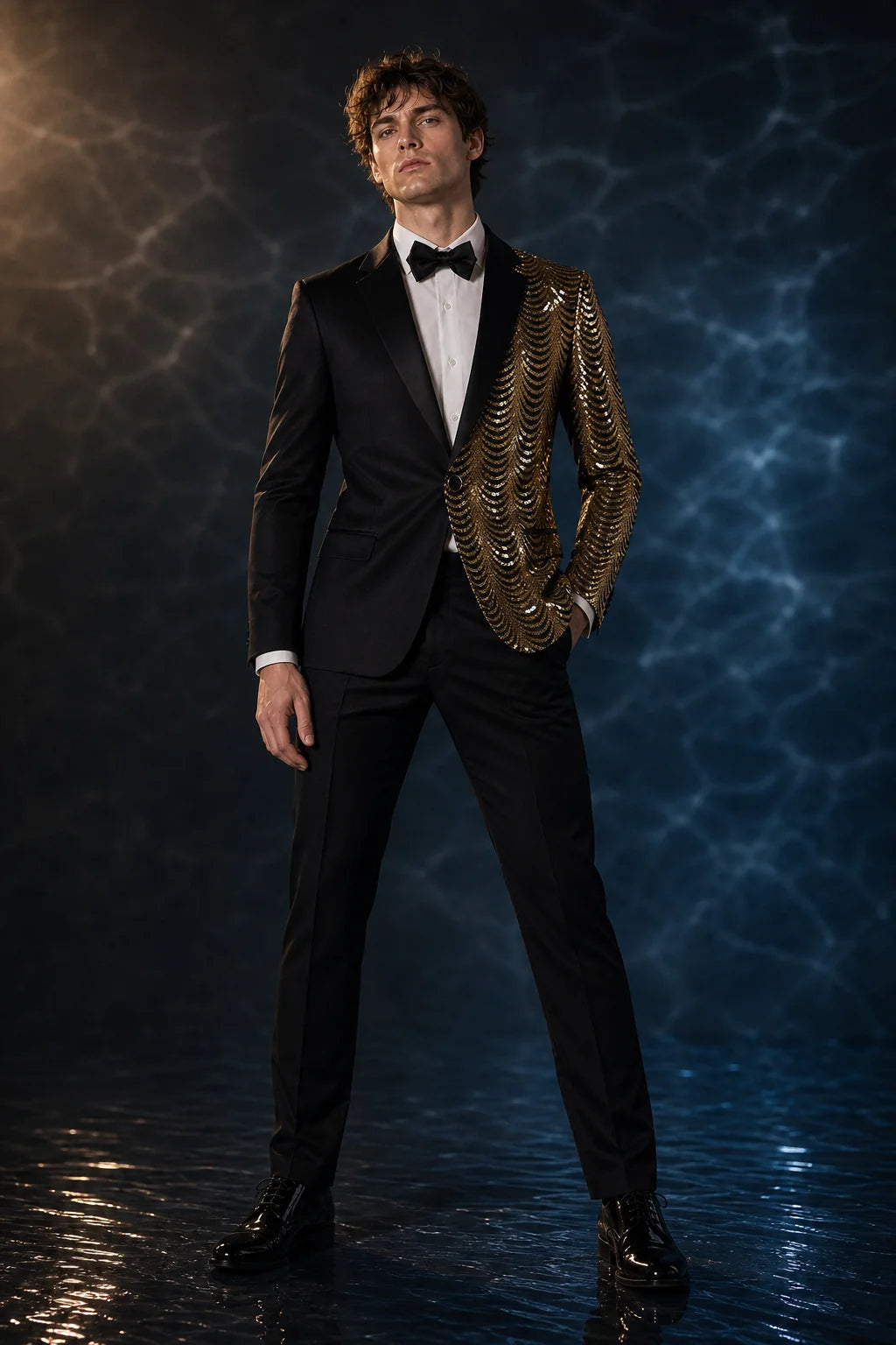 Men's 2-Piece Gold Sequin Water Ripples Black Suit