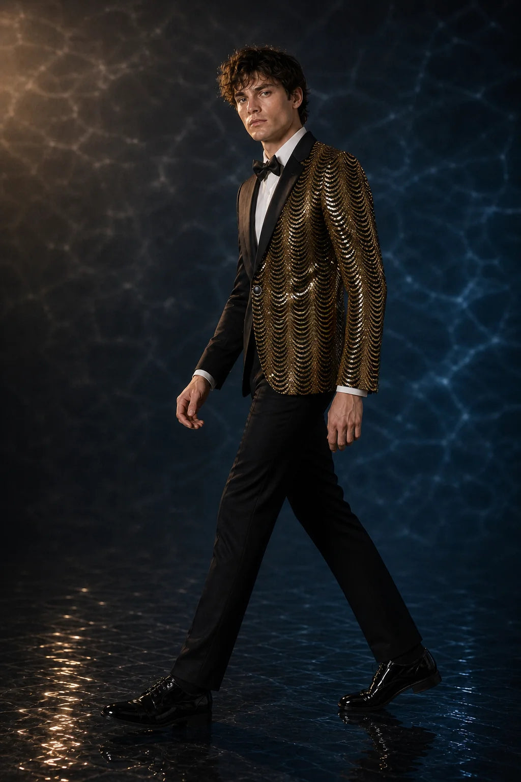 Men's 2-Piece Gold Sequin Water Ripples Black Suit