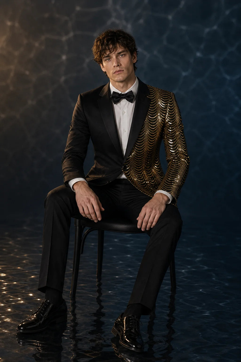 Men's 2-Piece Gold Sequin Water Ripples Black Suit