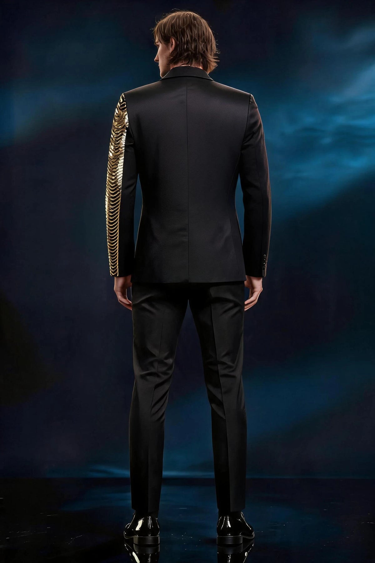 Men's 2-Piece Gold Sequin Water Ripples Black Suit