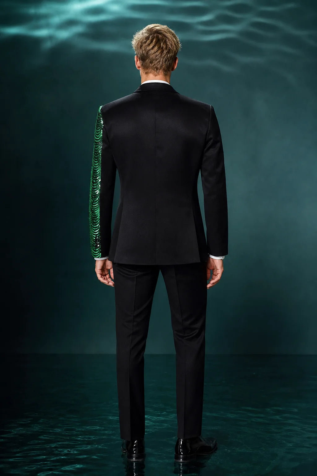 Men's 2-Piece Green Sequin Water Ripples Black Suit