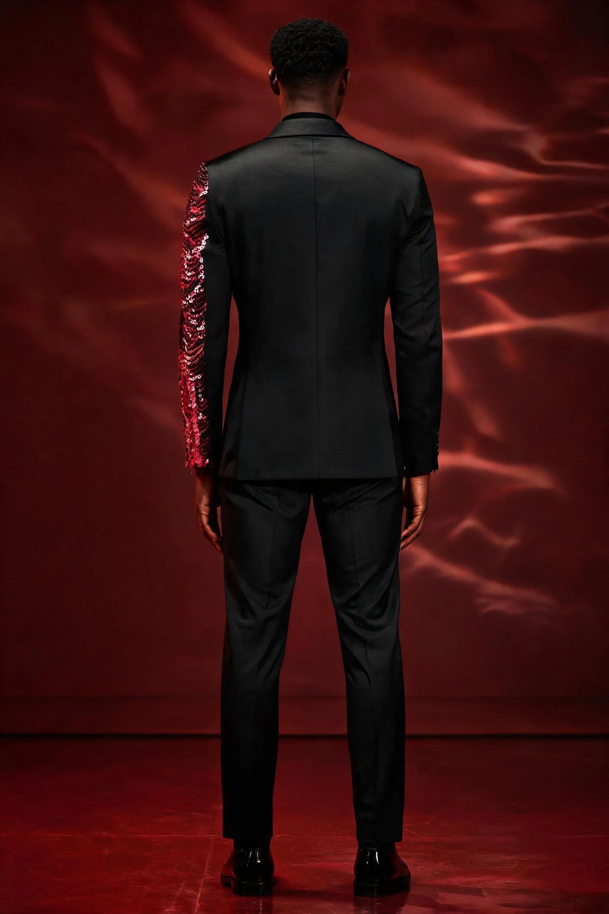 Men's 2-Piece Red Sequin Water Ripples Black Suit