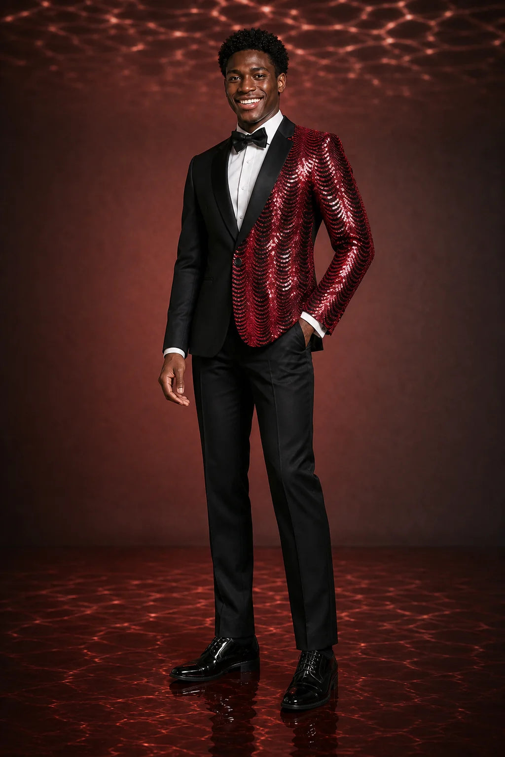 Men's 2-Piece Red Sequin Water Ripples Black Suit
