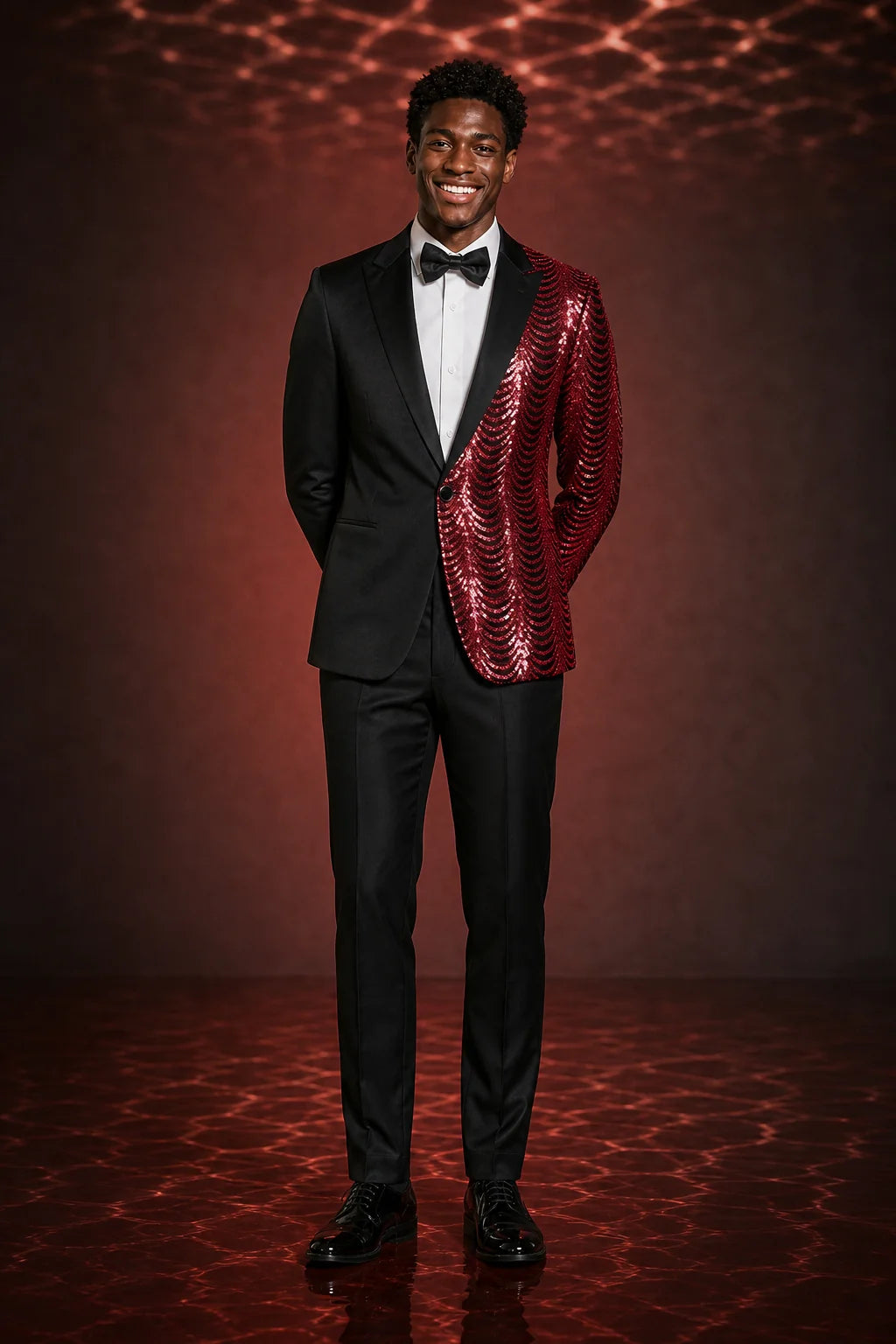 Men's 2-Piece Red Sequin Water Ripples Black Suit