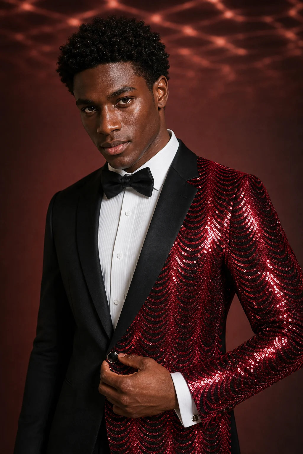 Men's 2-Piece Red Sequin Water Ripples Black Suit