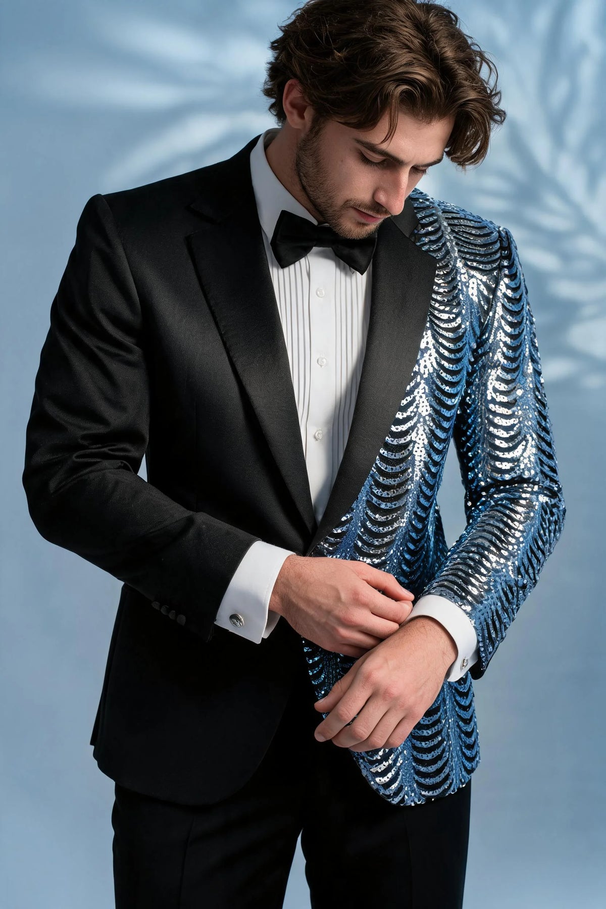 Men's 2-Piece Light Blue Sequin Water Ripples Black Suit