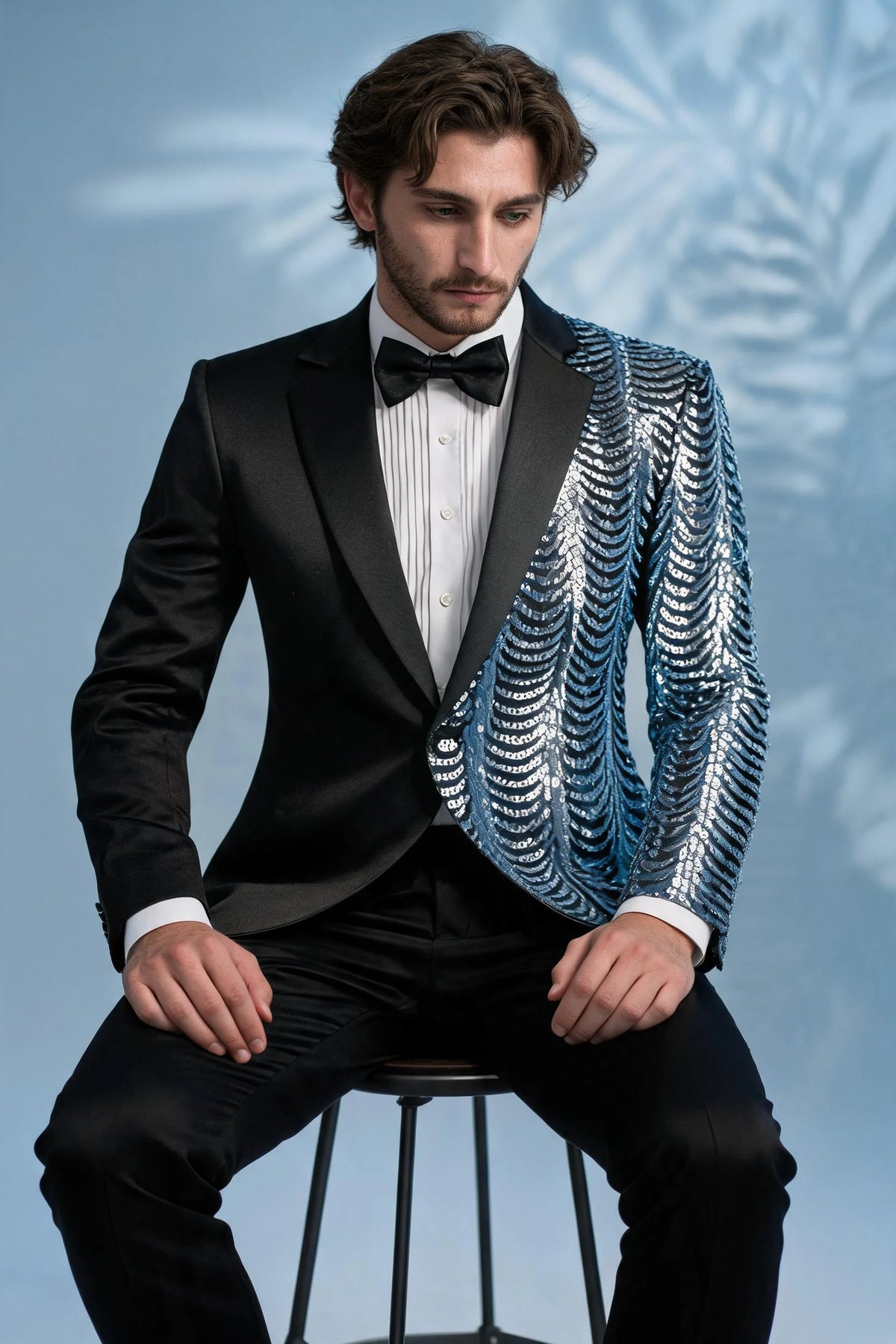 Men's 2-Piece Light Blue Sequin Water Ripples Black Suit