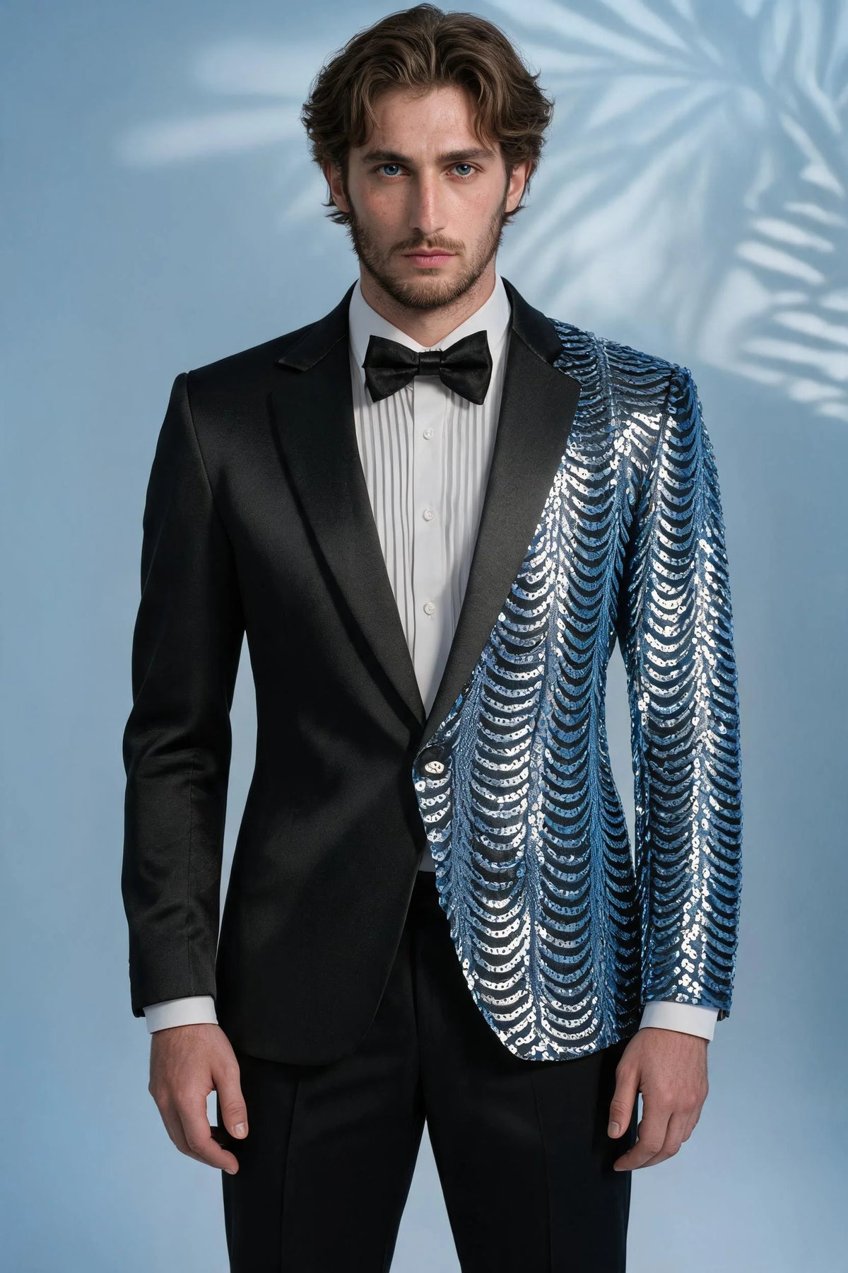 Men's 2-Piece Light Blue Sequin Water Ripples Black Suit