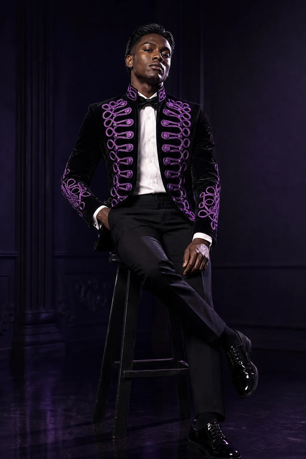 Men's Purple Aigillette Decorated Ceremonial Hussar Officers Style Black Tuxedo