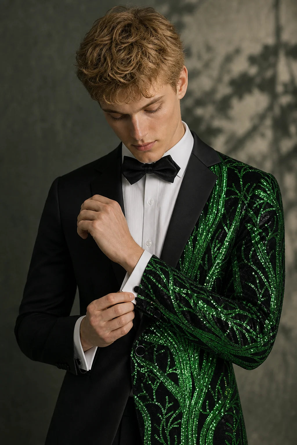Men's 2-Piece Suit Green Shimmering Branches Black Tuxedo