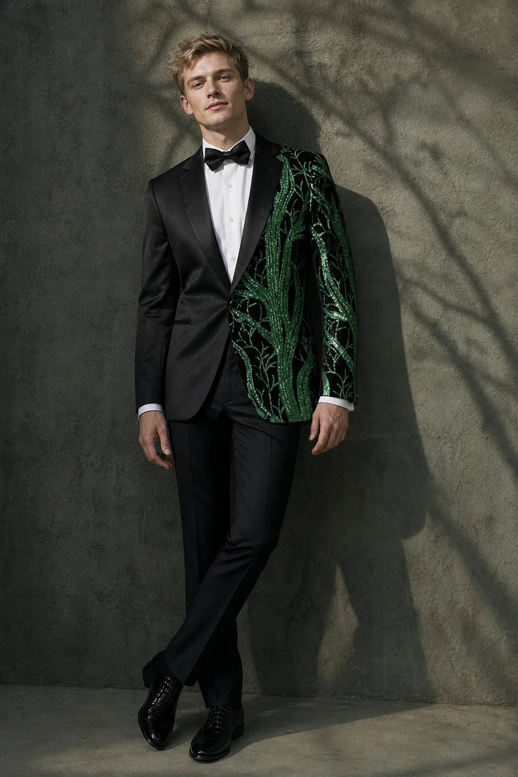 Men's 2-Piece Suit Green Shimmering Branches Black Tuxedo