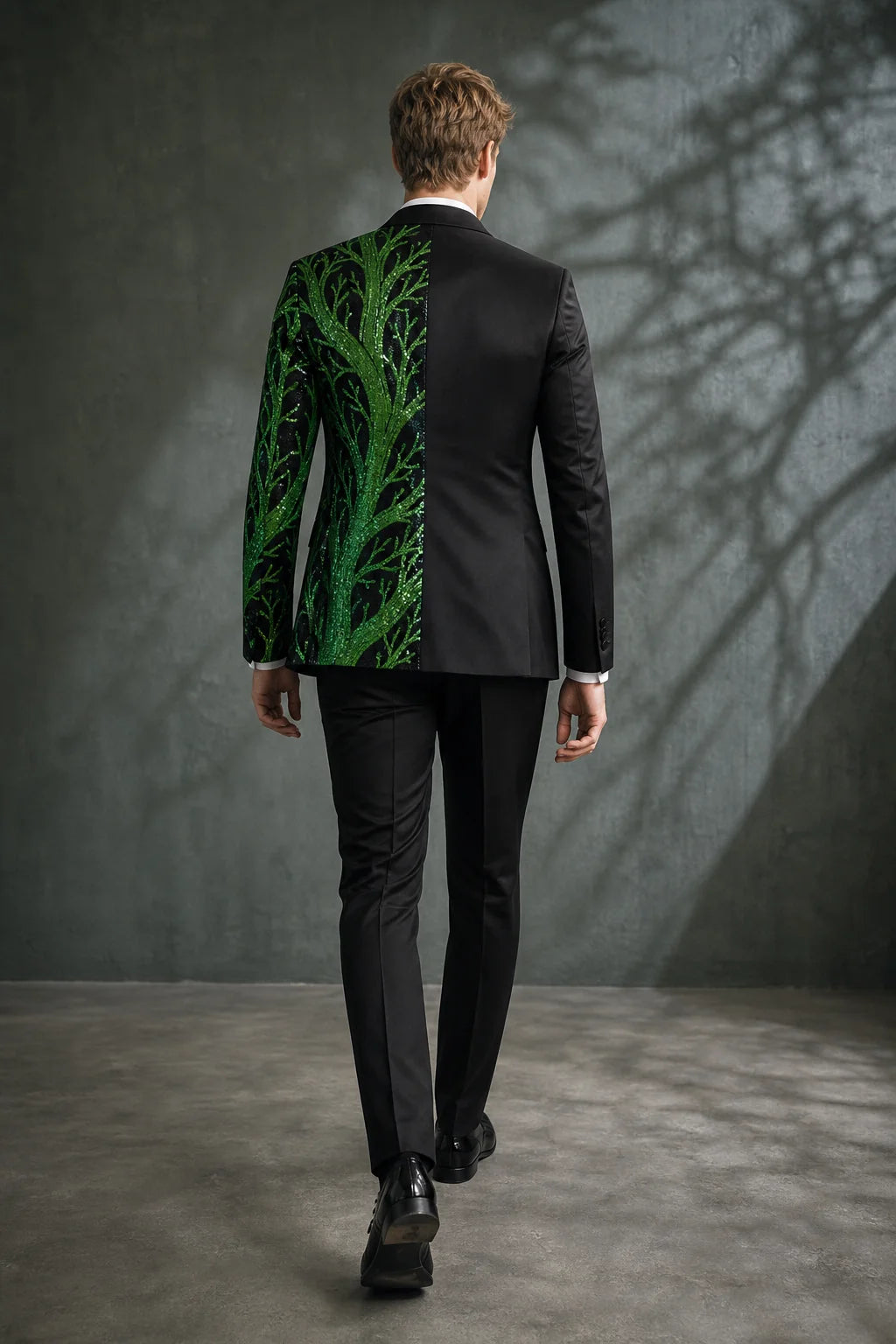 Men's 2-Piece Suit Green Shimmering Branches Black Tuxedo