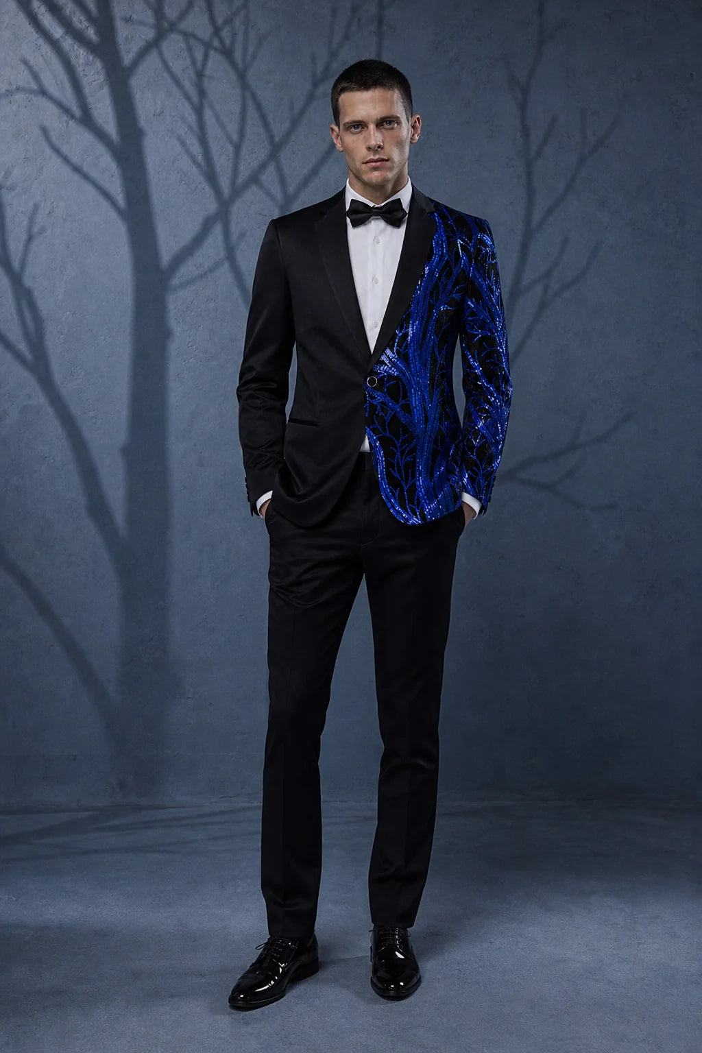 Men's 2-Piece Suit Blue Shimmering Branches Black Tuxedo