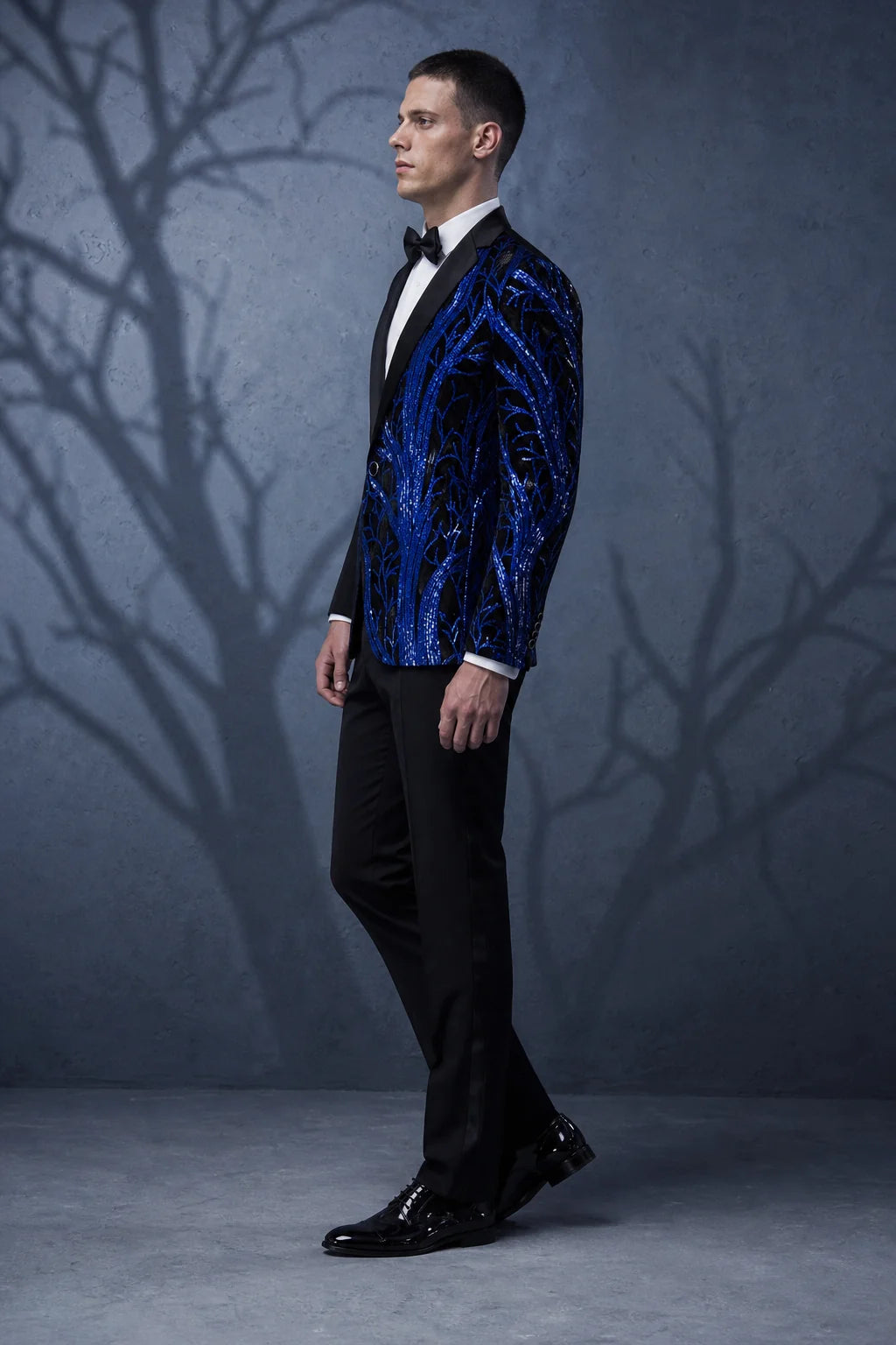Men's 2-Piece Suit Blue Shimmering Branches Black Tuxedo