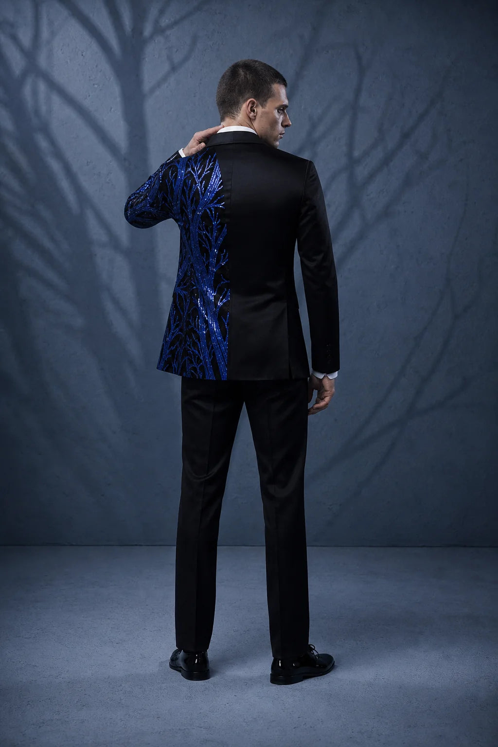 Men's 2-Piece Suit Blue Shimmering Branches Black Tuxedo