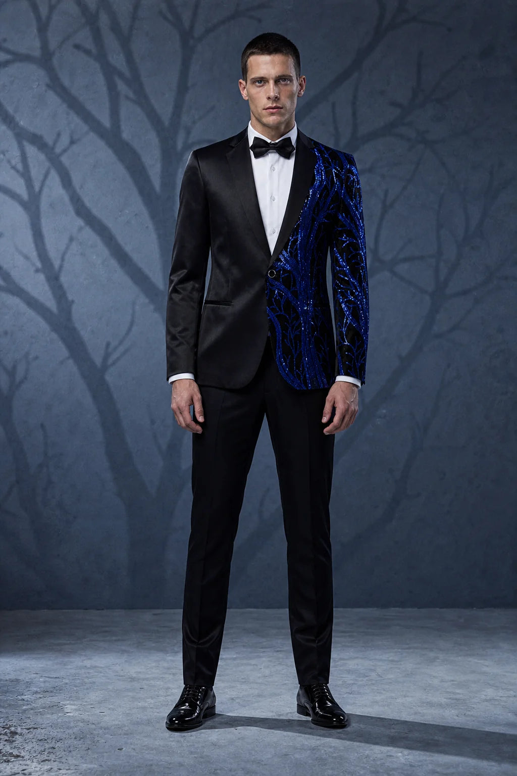 Men's 2-Piece Suit Blue Shimmering Branches Black Tuxedo