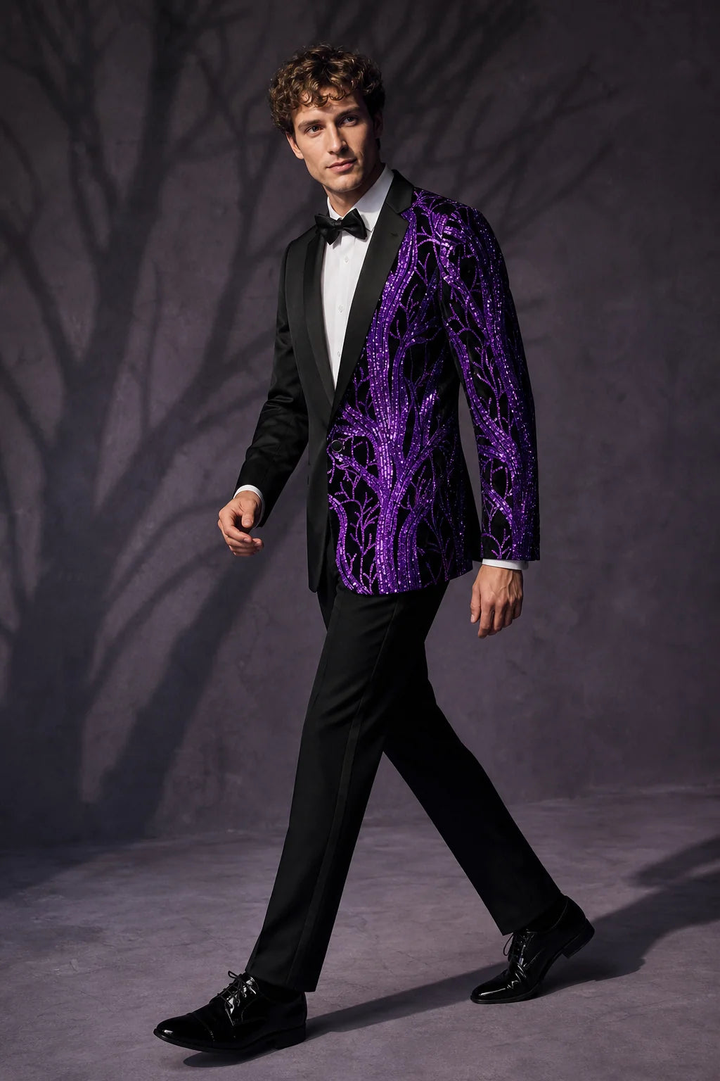 Men's 2-Piece Suit Purple Shimmering Branches Black Tuxedo