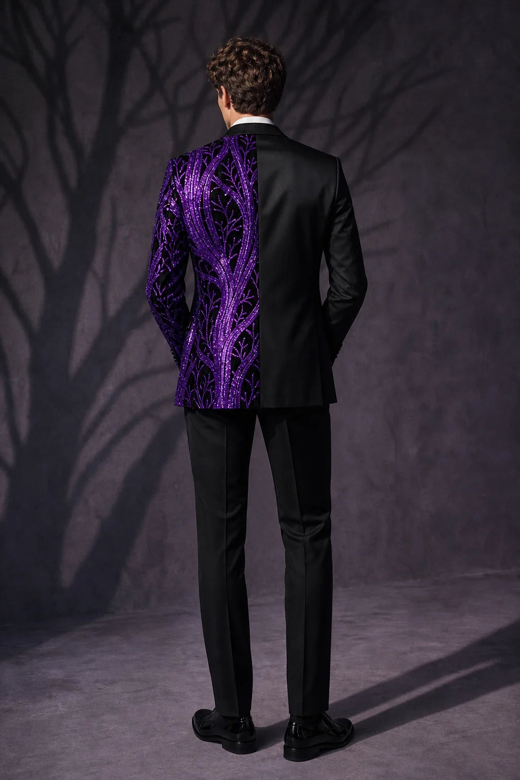 Men's 2-Piece Suit Purple Shimmering Branches Black Tuxedo