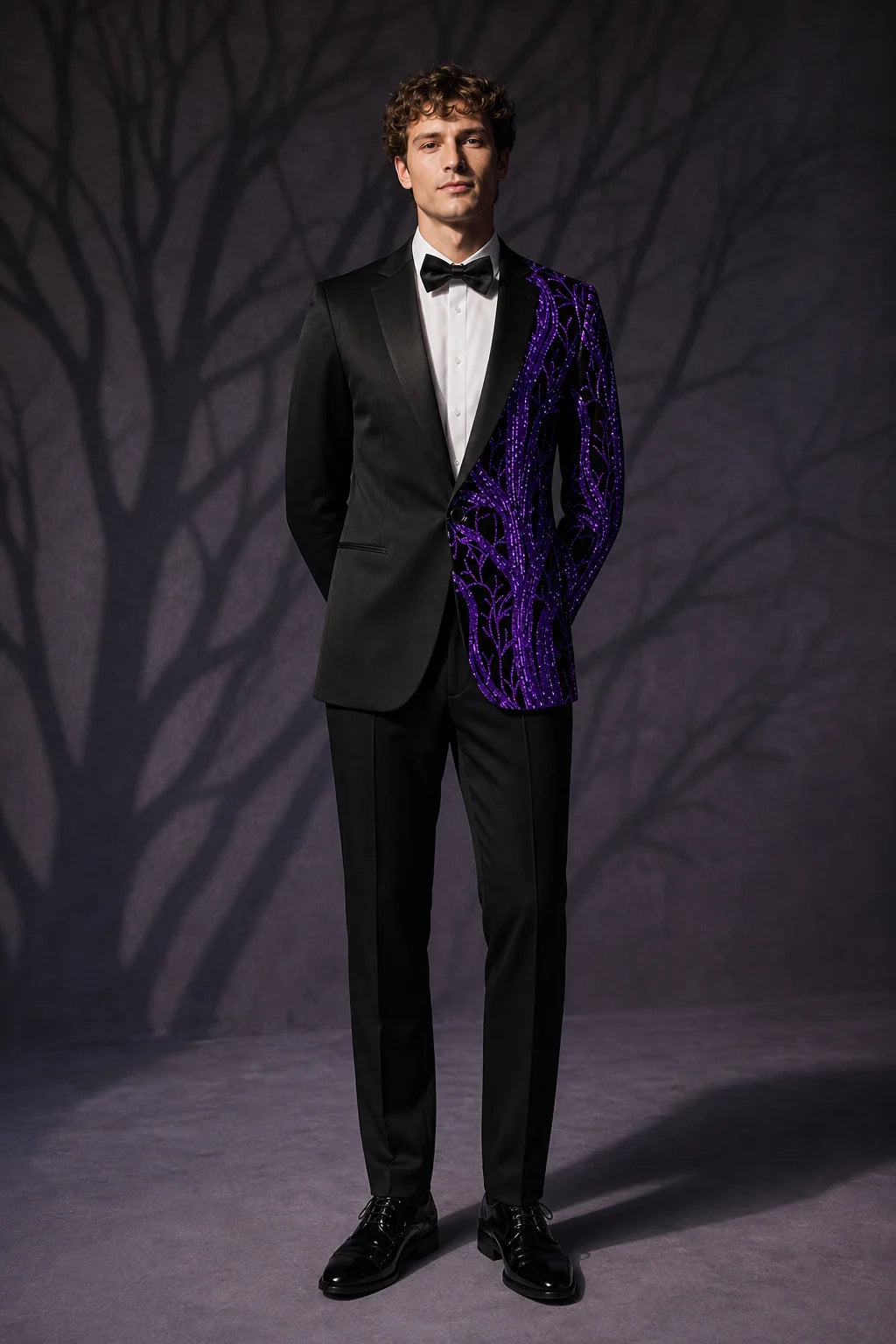 Men's 2-Piece Suit Purple Shimmering Branches Black Tuxedo