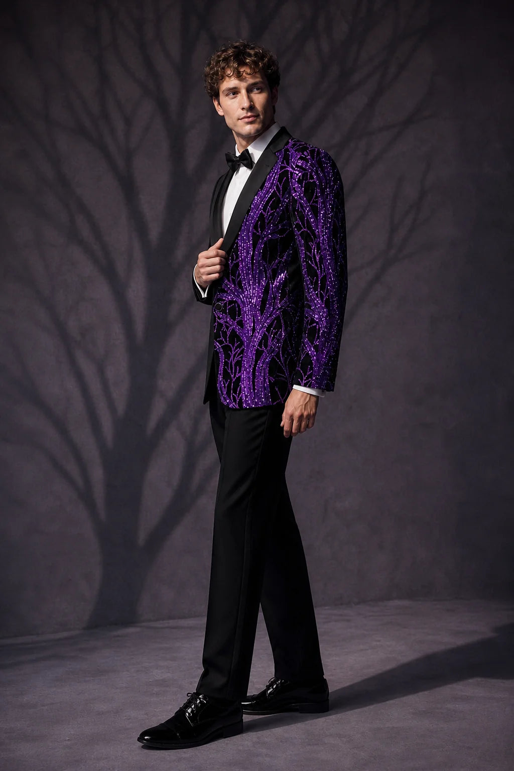 Men's 2-Piece Suit Purple Shimmering Branches Black Tuxedo