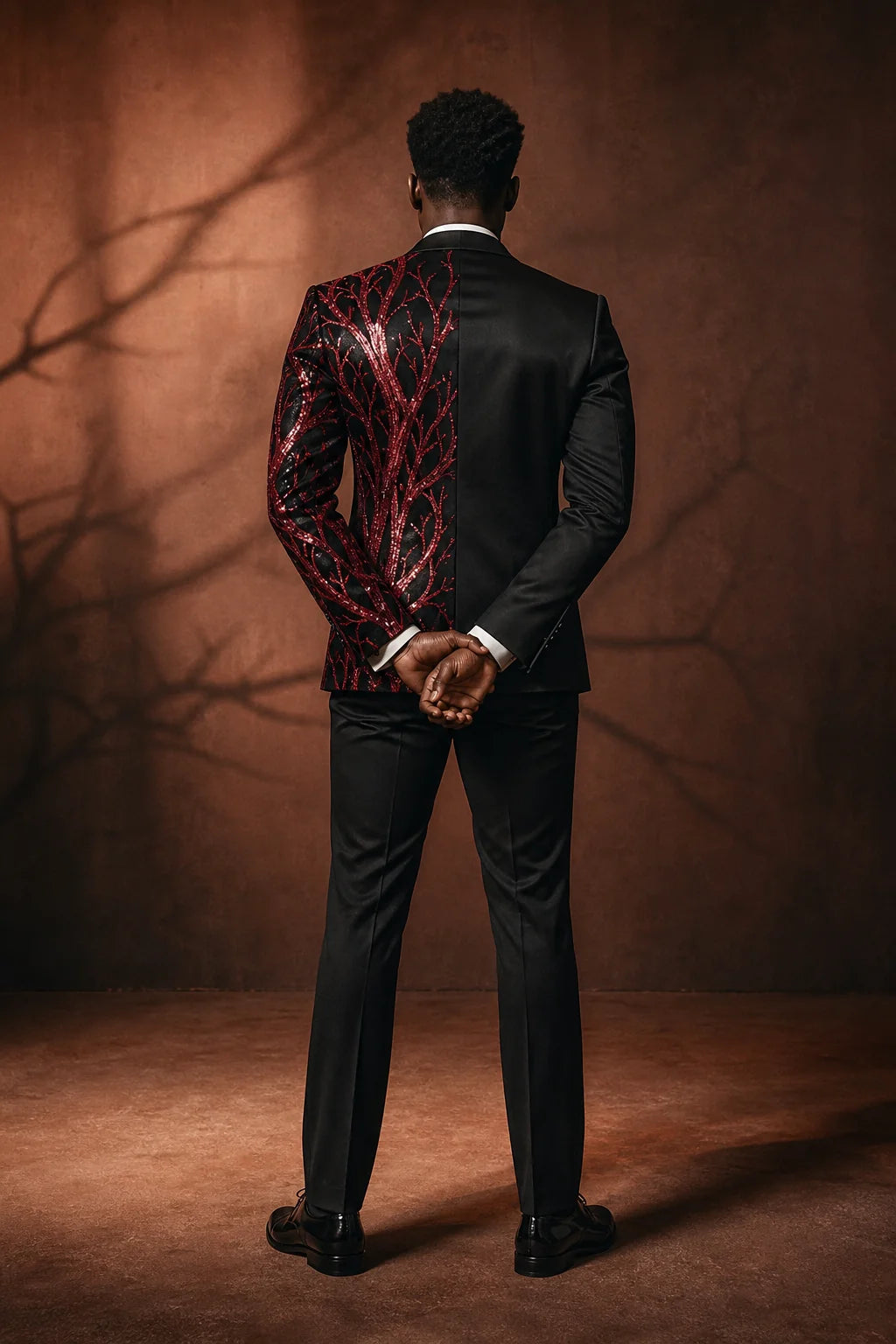 Men's 2-Piece Suit Shimmering Branches Black and Red Tuxedo
