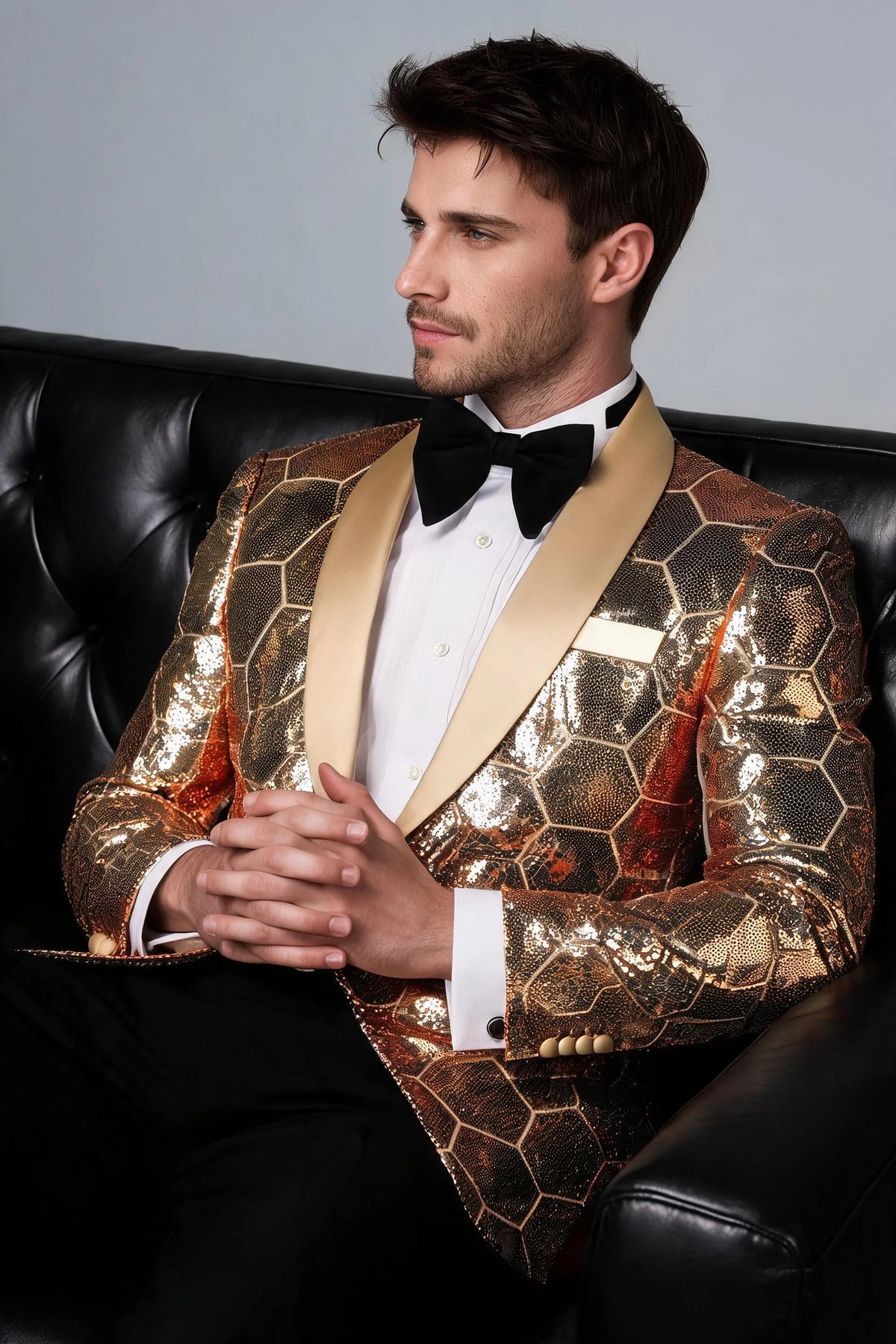 Men's Shawl Collar Hexagonal Gold Sequin Tuxedo