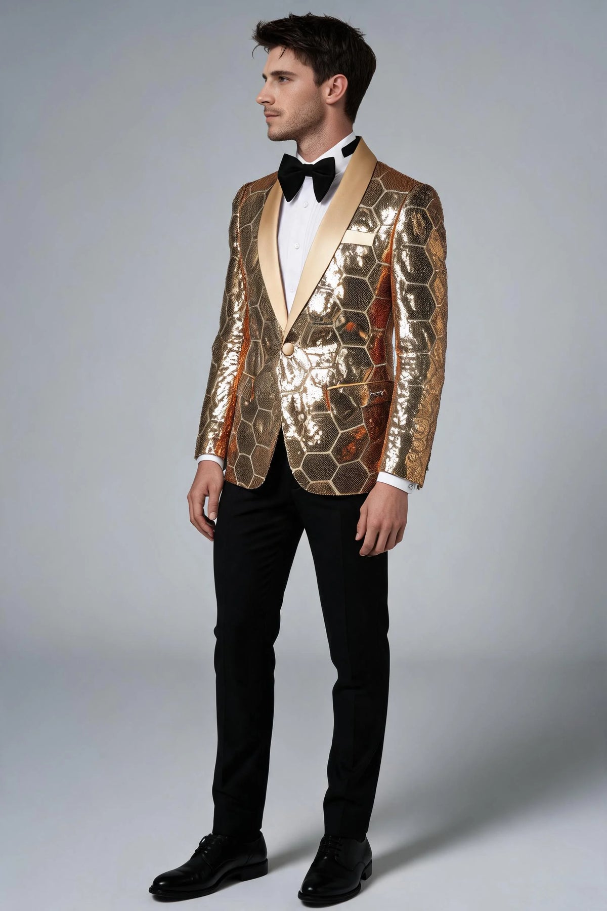 Men's Shawl Collar Hexagonal Gold Sequin Tuxedo