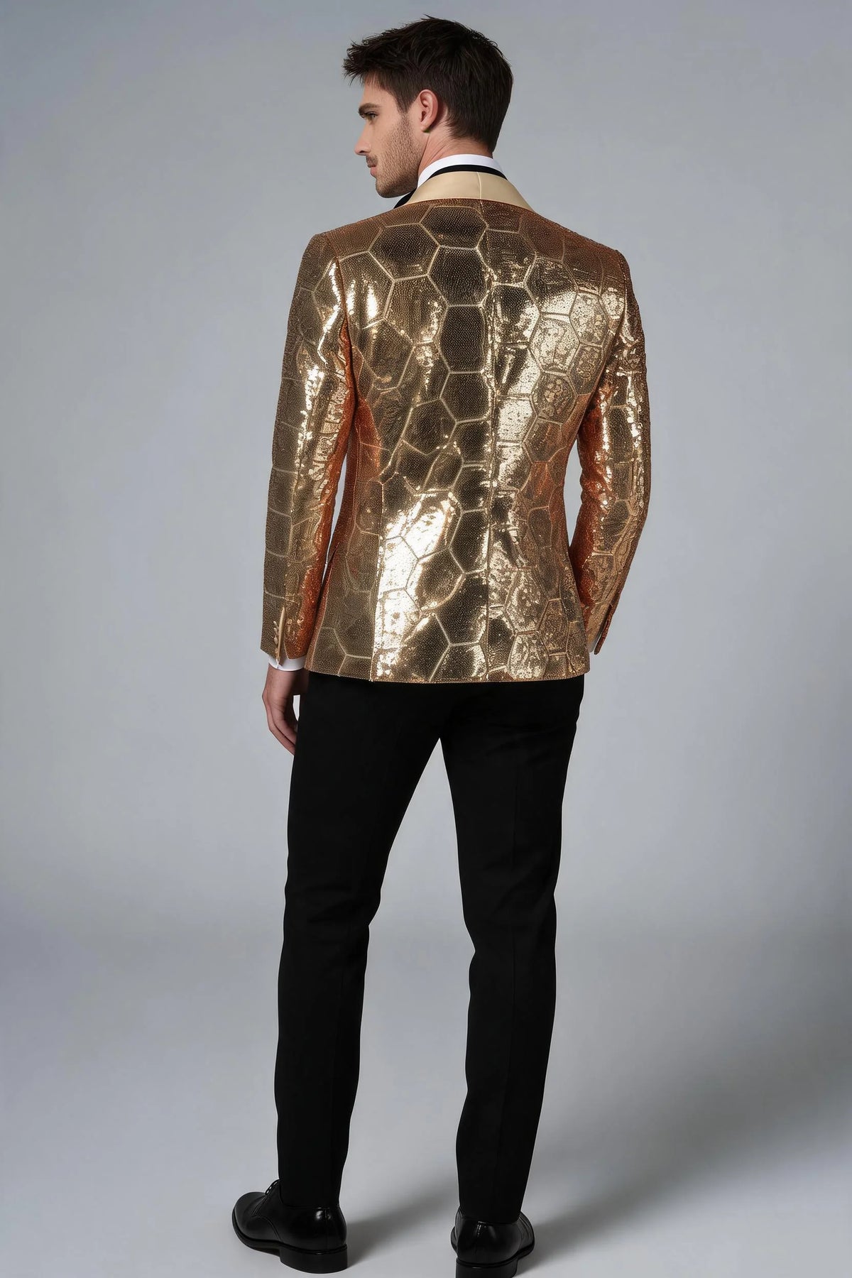 Men's Shawl Collar Hexagonal Gold Sequin Tuxedo