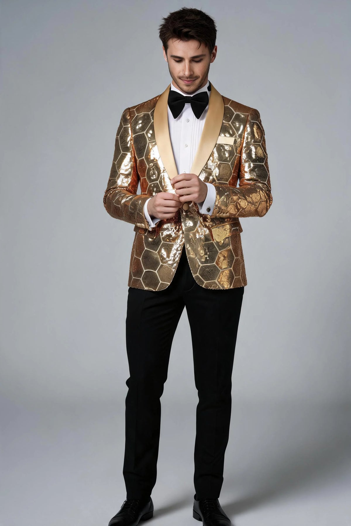 Men's Shawl Collar Hexagonal Gold Sequin Tuxedo
