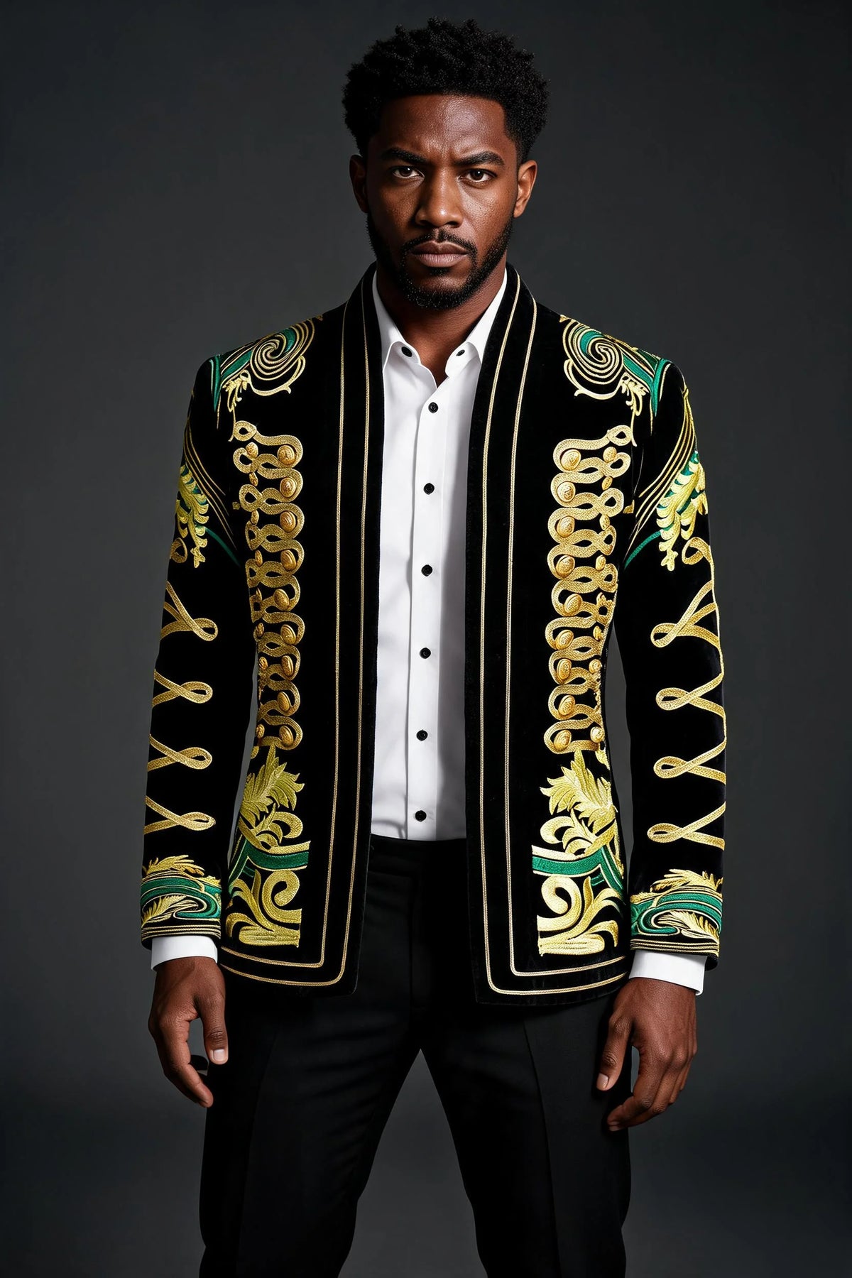 Men's Gold Aigillette Decorated with Luxury Black Embroidered Tuxedo